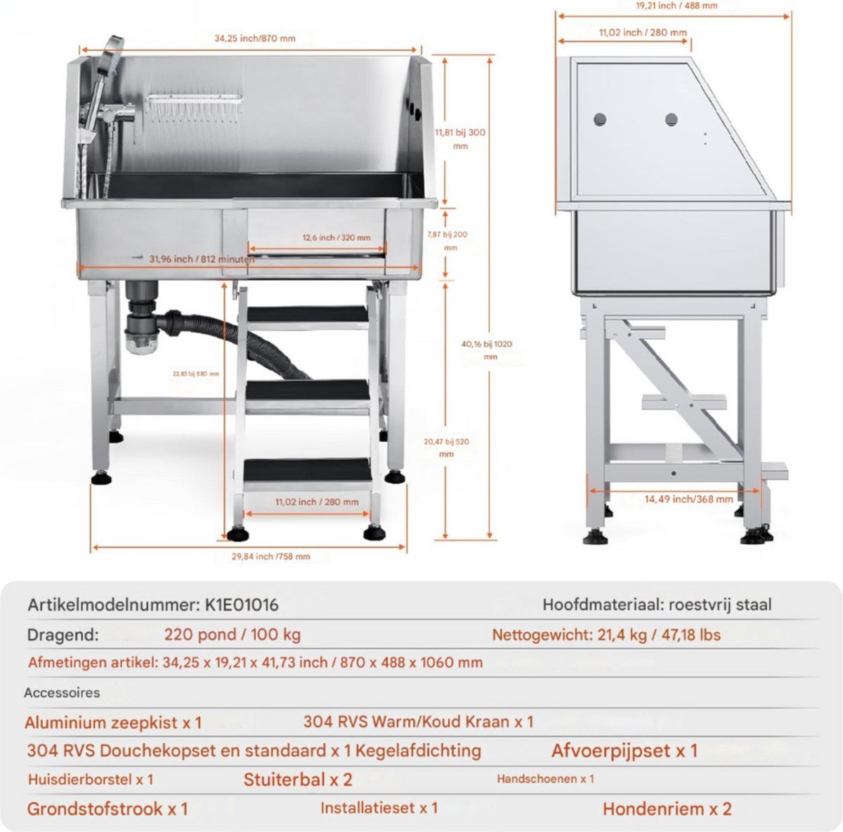 Professionele Hondenverzorgingskuip - Honenbad- RVS - Dierenbad - Max. 100kg Hondenwassysteem