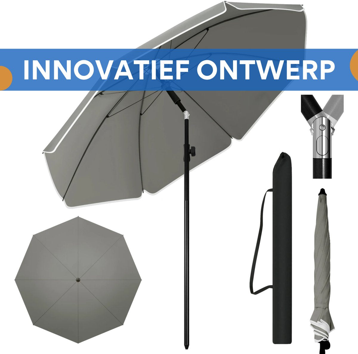 Ronde Parasol - Voor Balkon, Strand of Tuin - Verstelbaar & 45° Kantelbaar - UV-Resistent & Waterdicht - Dark Grey 155cm