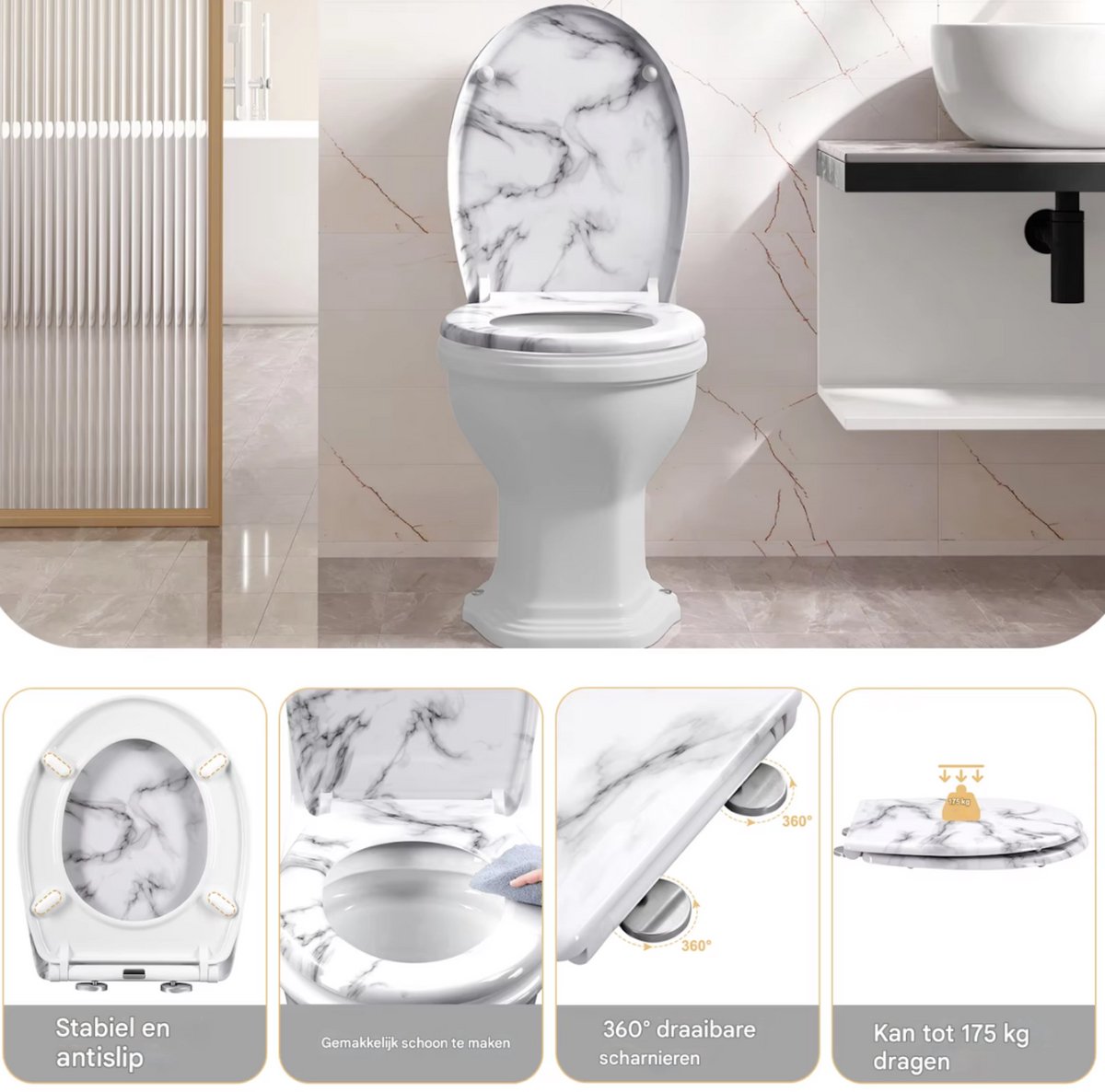 Antibacteriële Toiletbril Wit marmer - Met Softclose - Universeel - Toiletbrillen met print - WC Bril - Toiletzitting