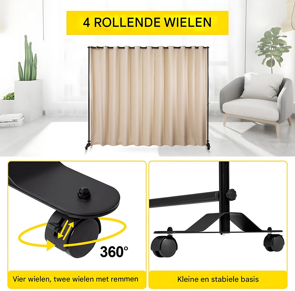 Scheidingswand op wieltjes - Kamerscherm of kantoor - Paravan - Gordijn Verdeler Stand - Vrijstaand - 242x305cm - Aluminium Frame