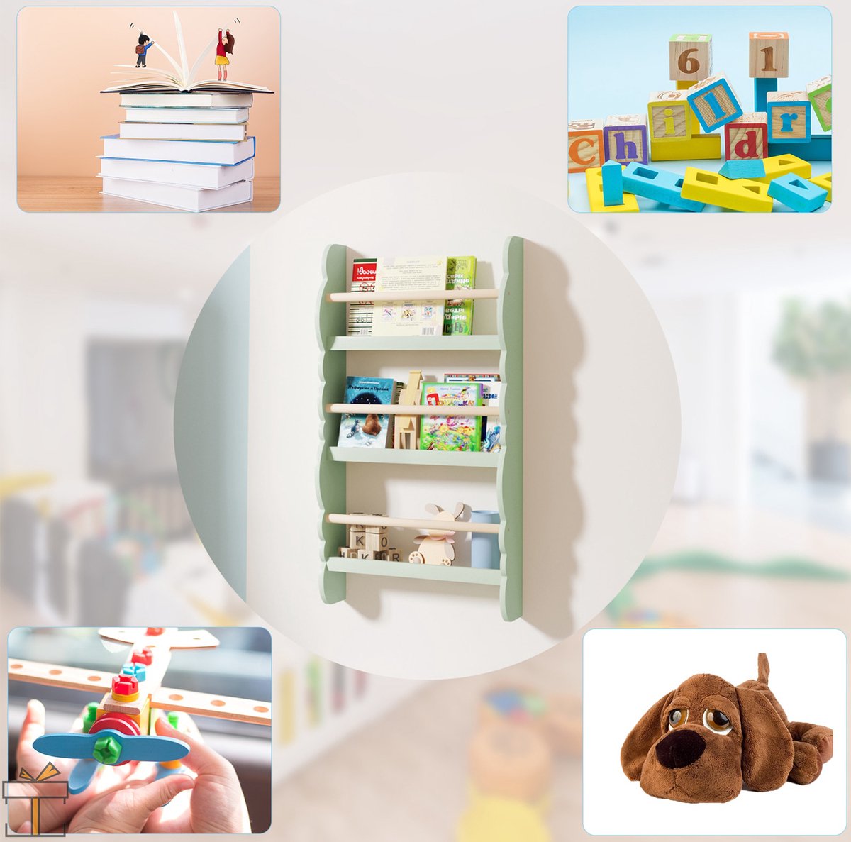 Happyment Boekenkast voor kinderen - Groen - Speelgoedkast kind - Kinderkamer - Opbergkast - Boekenrek - Hout - Black friday - Kerstcadeau