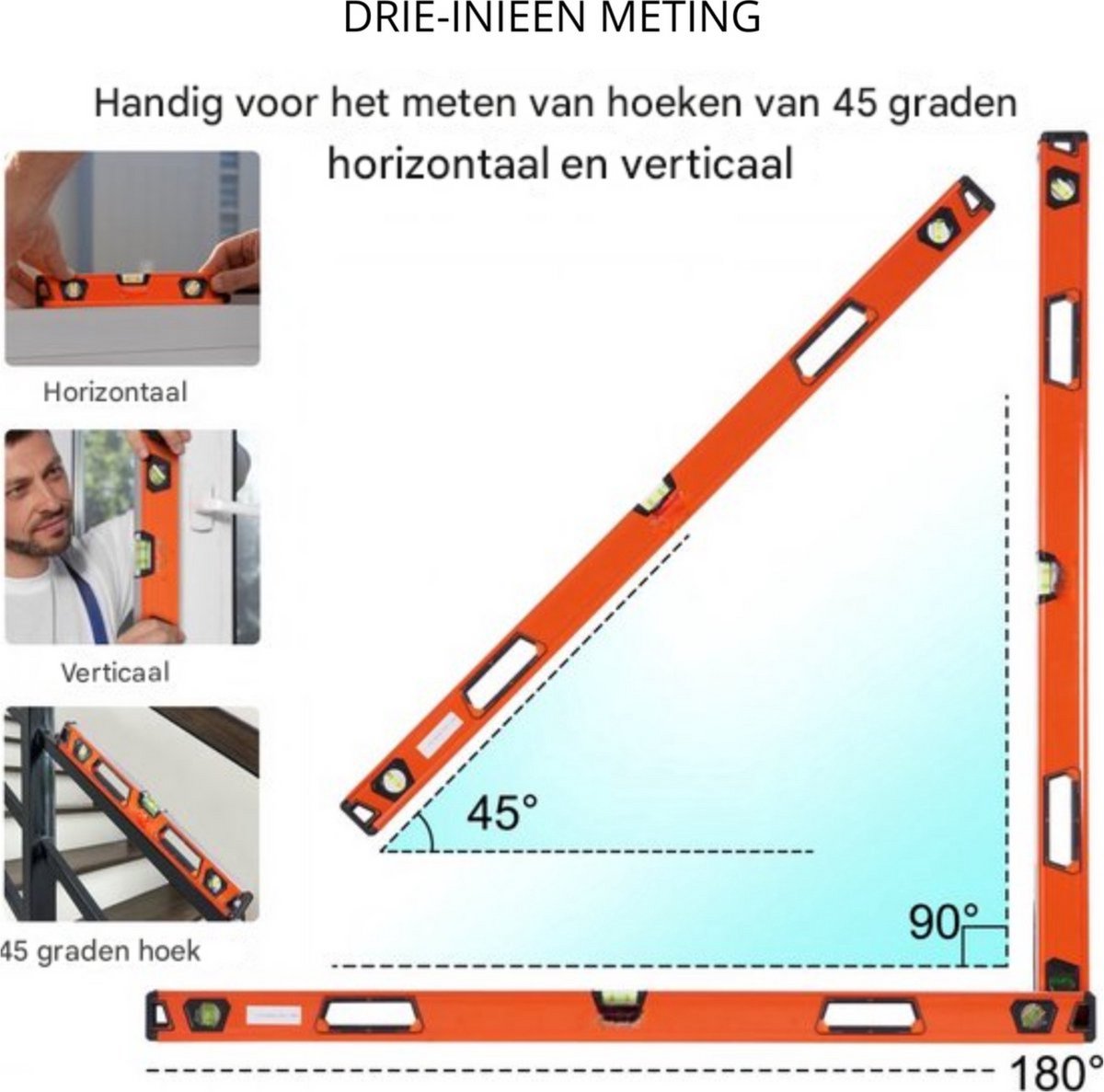 Waterpas 3 stuks - aluminium en magnetische waterpas - 3 libellen 45 graden hoek - horizontaal en verticaal 0,5 mm/m