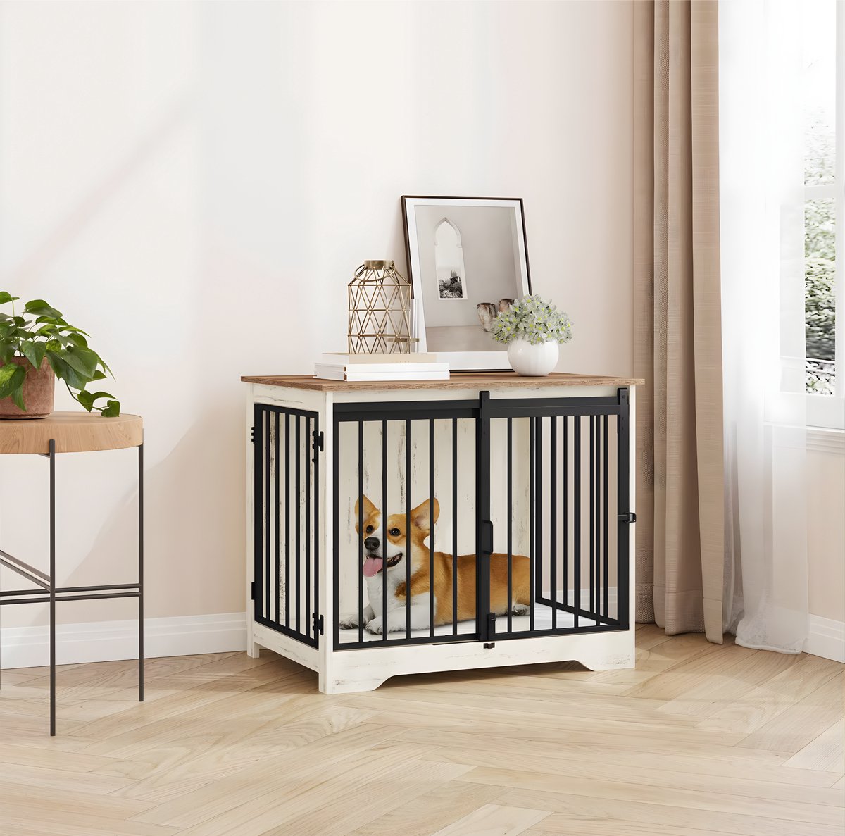Hondenbench - Hondenkrat - Hondenkennel - Hondenhok - 81 cm - Voor Binnen - Wit/bruin
