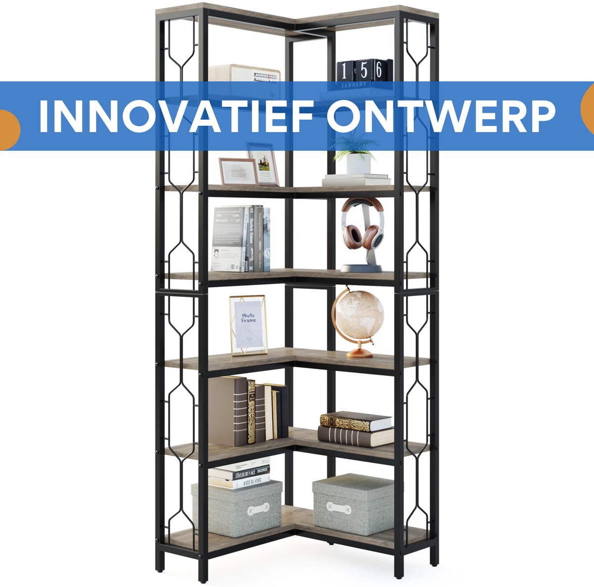 Boekenkast met 7 Lagen - Hoekkast - Grijs - Hoekrek - Voor Woonkamer, Slaapkamer of Kantoor