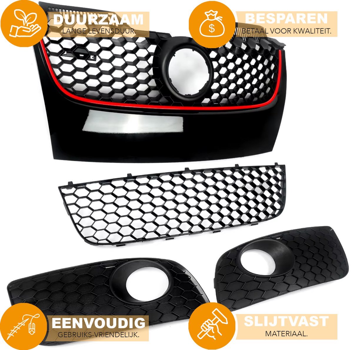 Voorbumper R-Line Sport - Voorbumper - Voor VW Golf MK5 Jetta/GLI/GTI 2006-2009 - Auto accessoires - Honingraat grille - Rode trim - Zwart