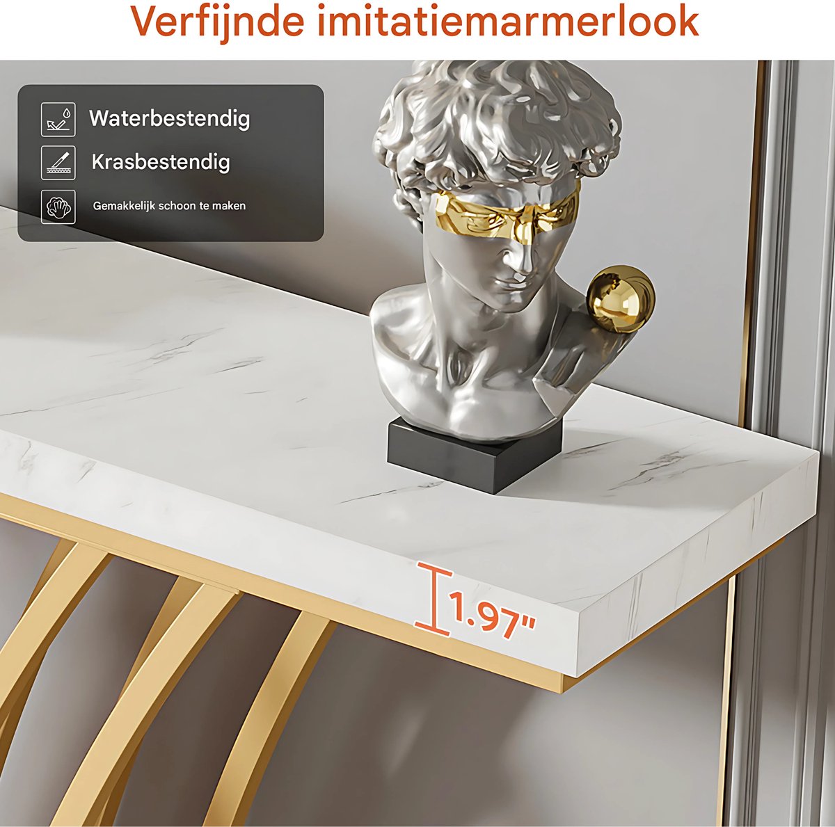 Consoletafel Luxery - 150cm - Sidetafel - Wandtafel - Haltafel - Goud - Marmerlook - Voor Hal of woonkamer of Gang