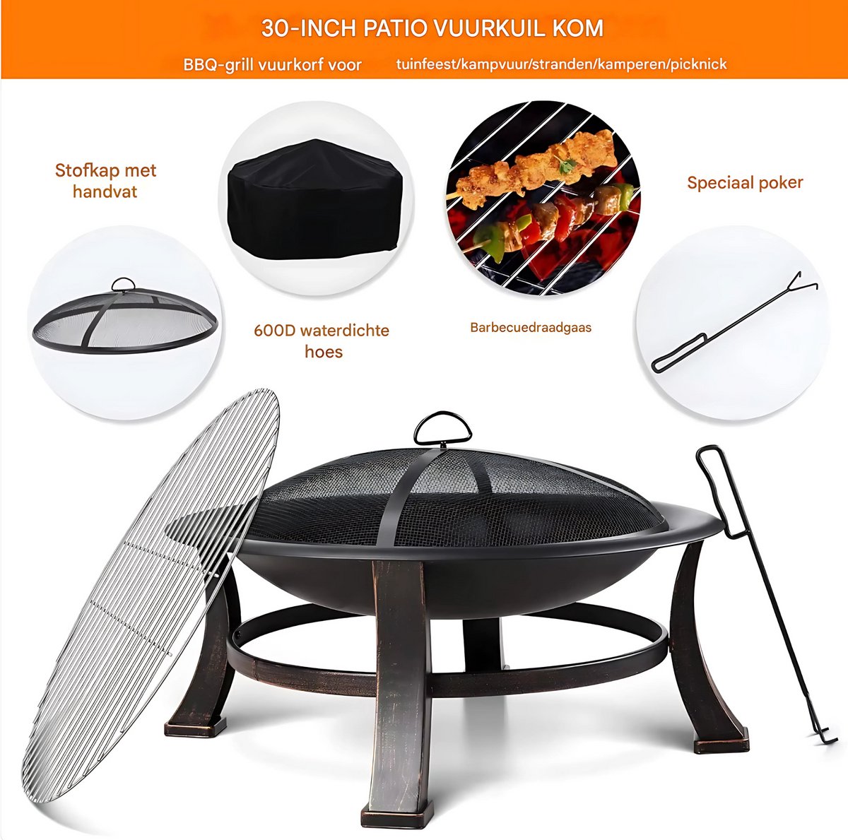 Vuurkorf open haard - 76cm - Voor buiten - Vuurschaal met vonkenschaar - BBQ Grill