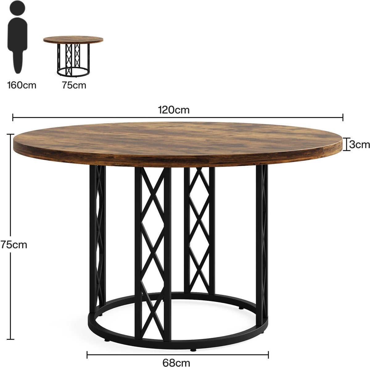 Eettafel Ceylix - Ronde Tafel 120cm - Voor 4 Personen - Voor Eetkamer of Keuken