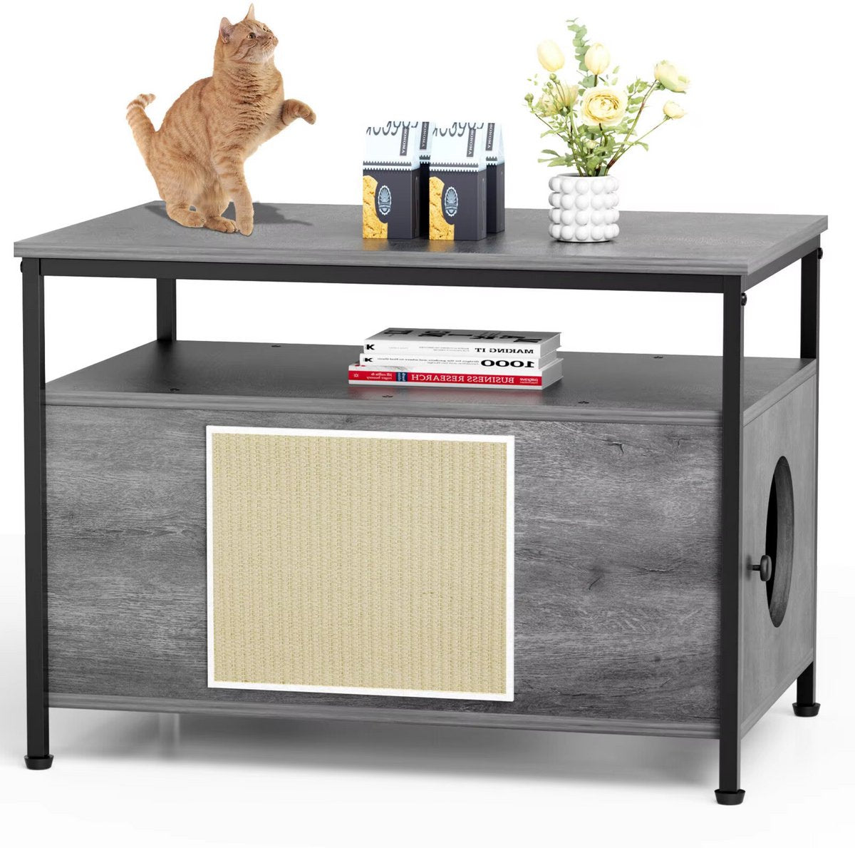 Houten Kattenbak - Verborgen Kattenbak Meubilair met Plank - Opbergkast voor Binnen - Huisdier Krat en Bijzettafel - Voor huisdieren - Grijs