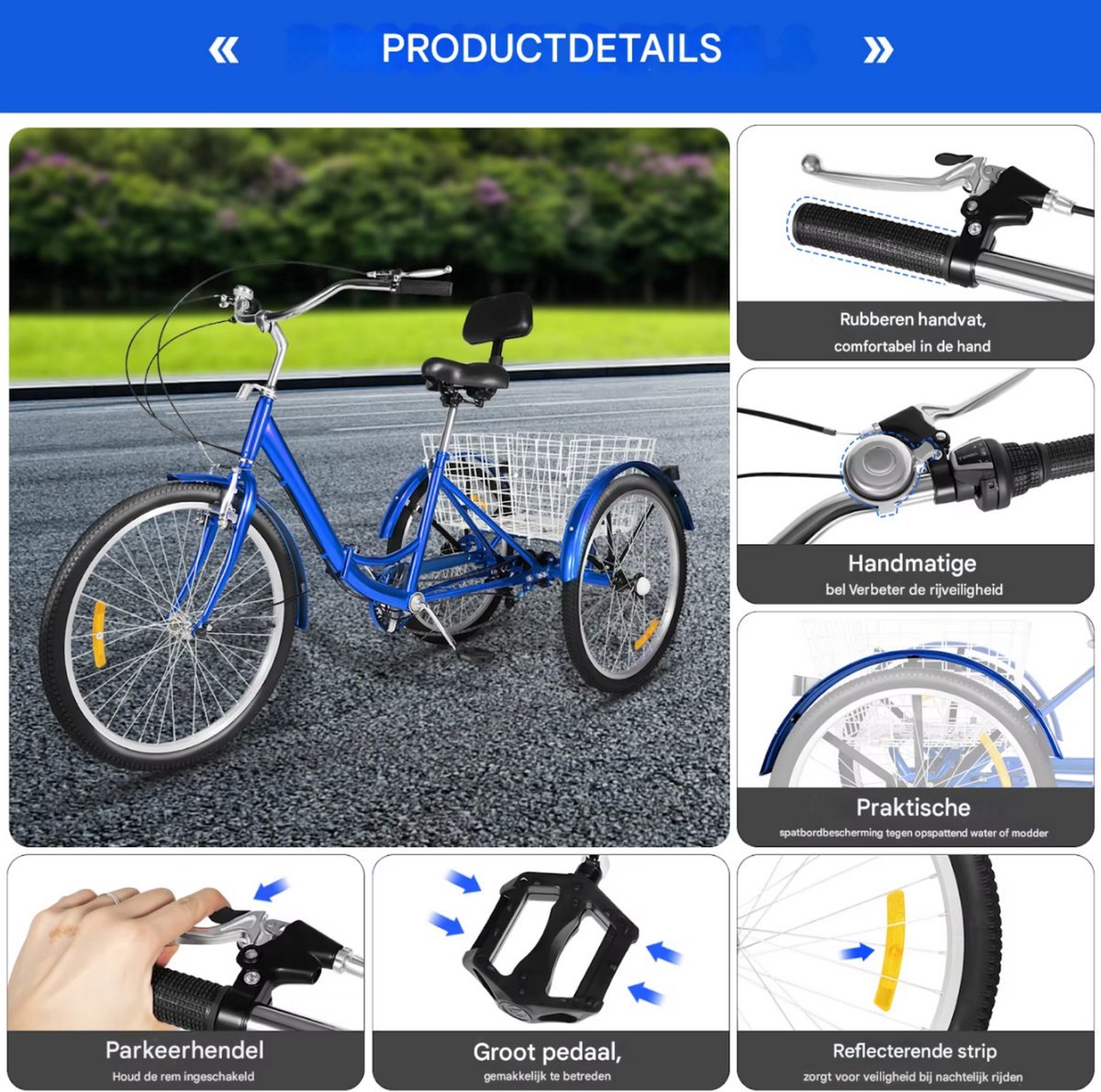 Driewieler Rustic Tavien - 7 versnellingen - Fiets voor volwassenen en senioren - 24 Inch - Opvouwbare - Verstelbaar - Met mand - Voorrem - Blauw - 120KG
