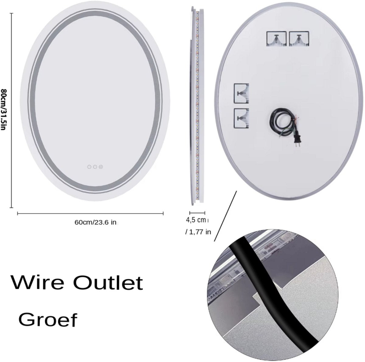 LED Badkamerspiegel met Verlichting - Ovaal 70-50 cm - Anticondens & Dimbaar - Smart Touch Wandspiegel - Make-up Spiegel - 3 Lichtkleuren - 2 Formaten