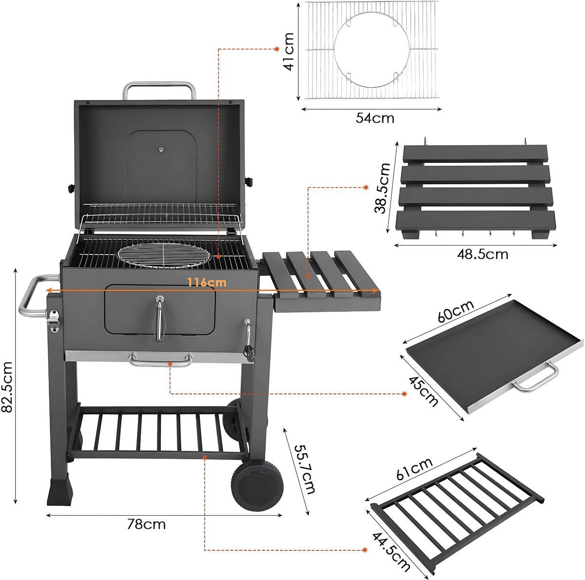 Barbecuewagen Tavien - Houtskoolbarbecue - BBQ - Smoker XXL - Houtskoolgrill - Met Wielen, Roestvrijstalen Handgreep - Perfect voor Buitenterras, Tuin en Achtertuin