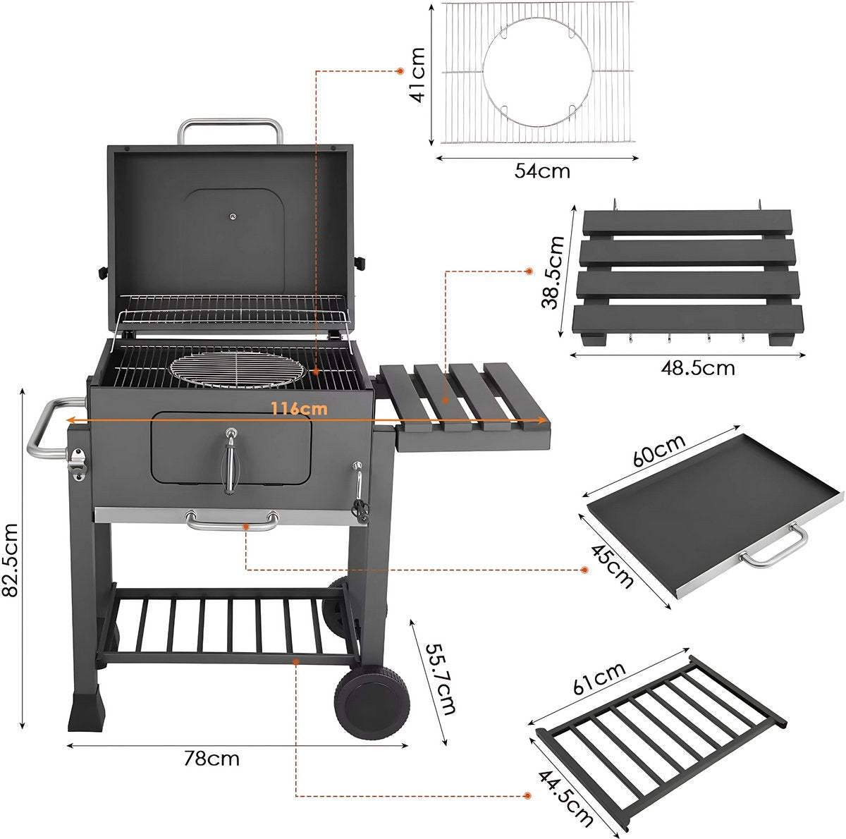 Houtskool grill op wieltjes - Voor 5 tot 10 personen - Houtskoolbarbecues - Briketten - Met deksel - Thuis of camping