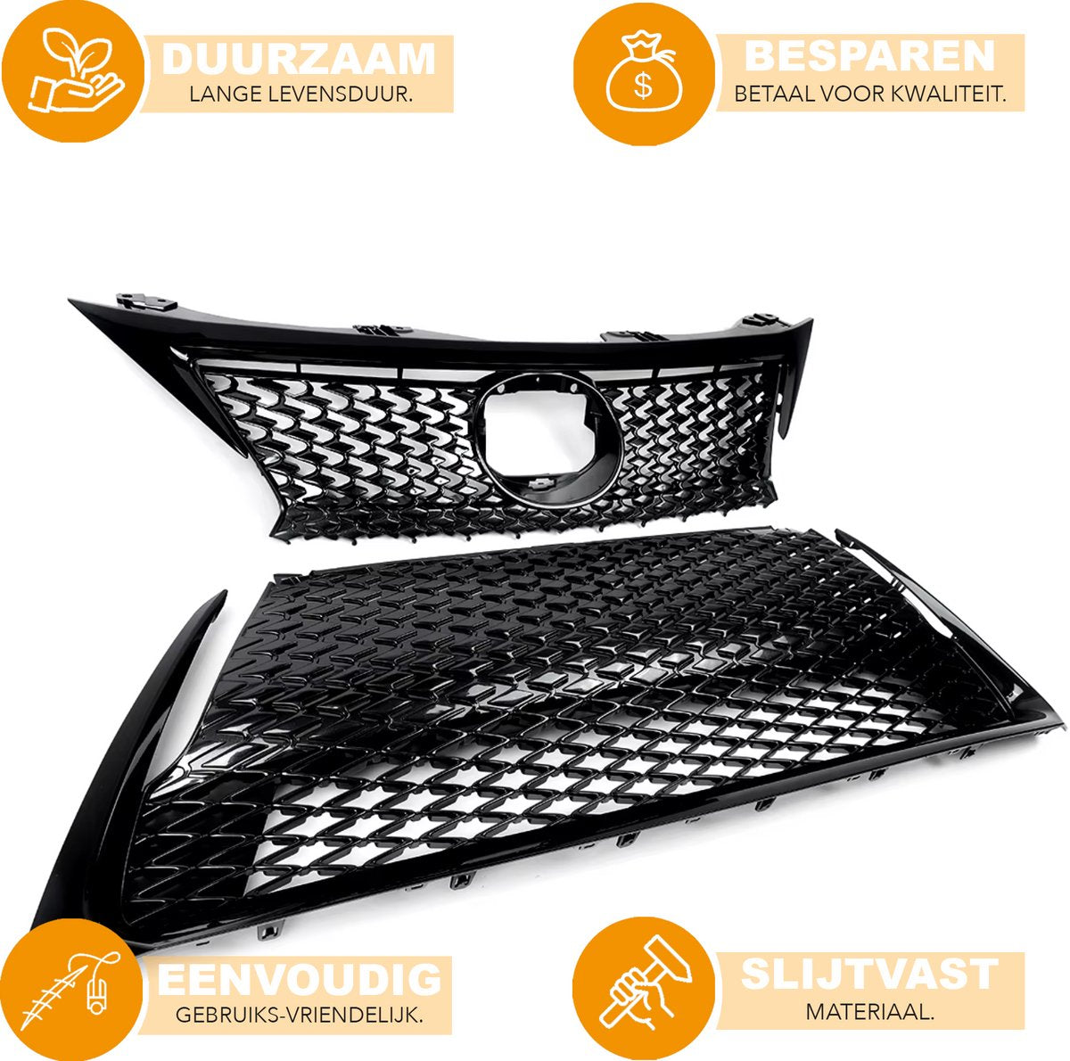 Voorbumper Grille - Voor Lexus CT200H (2014-2017) - Bovenste + Onderste Grillmontage - Glanzend Zwart