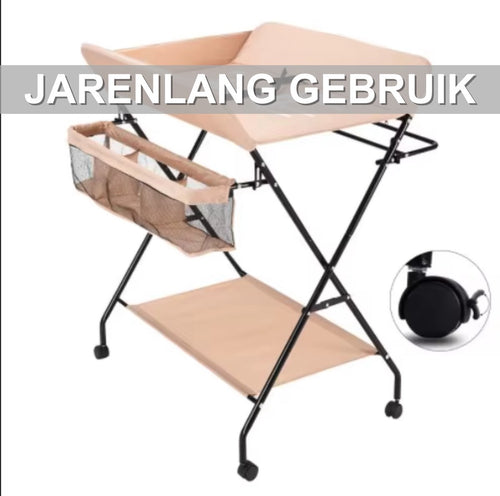 Babyverschoontafel – Verzorgingstafel - Opvouwbaar voor kinderkamer – Stabiel en veilig met opbergruimte – Max. draagvermogen 15 kg – Khaki - Met wielen