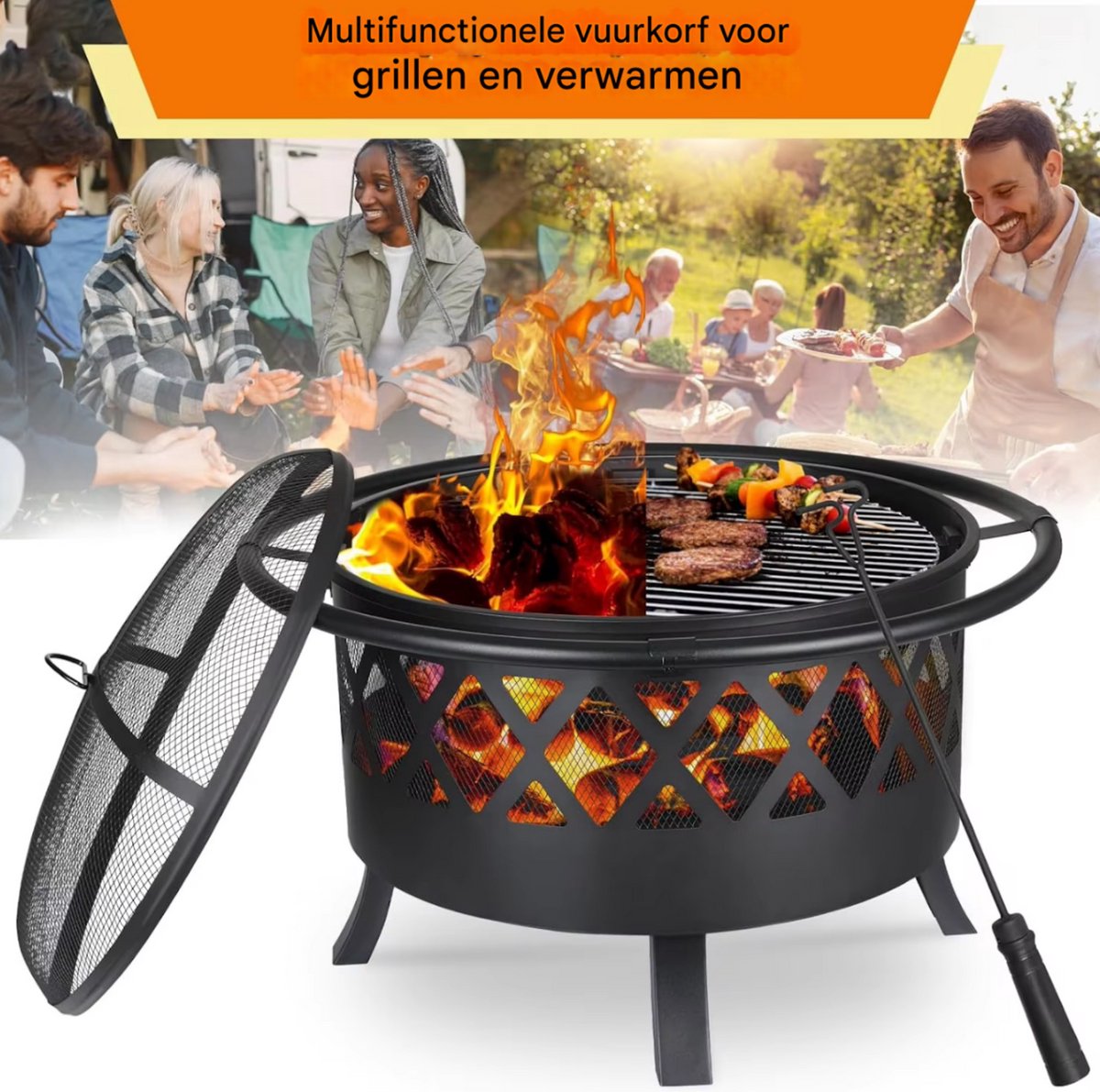 Vuurkorf met grillrooster - Tuinbarbecue - Vuurschaal - Terrashaard - Rookbarbecue - Voor Buiten BBQ - Voor tuin, terras en winterverwarming - Retro tuinhaard inclusief poker- en houtskoolrooster - Vuurplaats met vonkbescherming - Ø81 cm