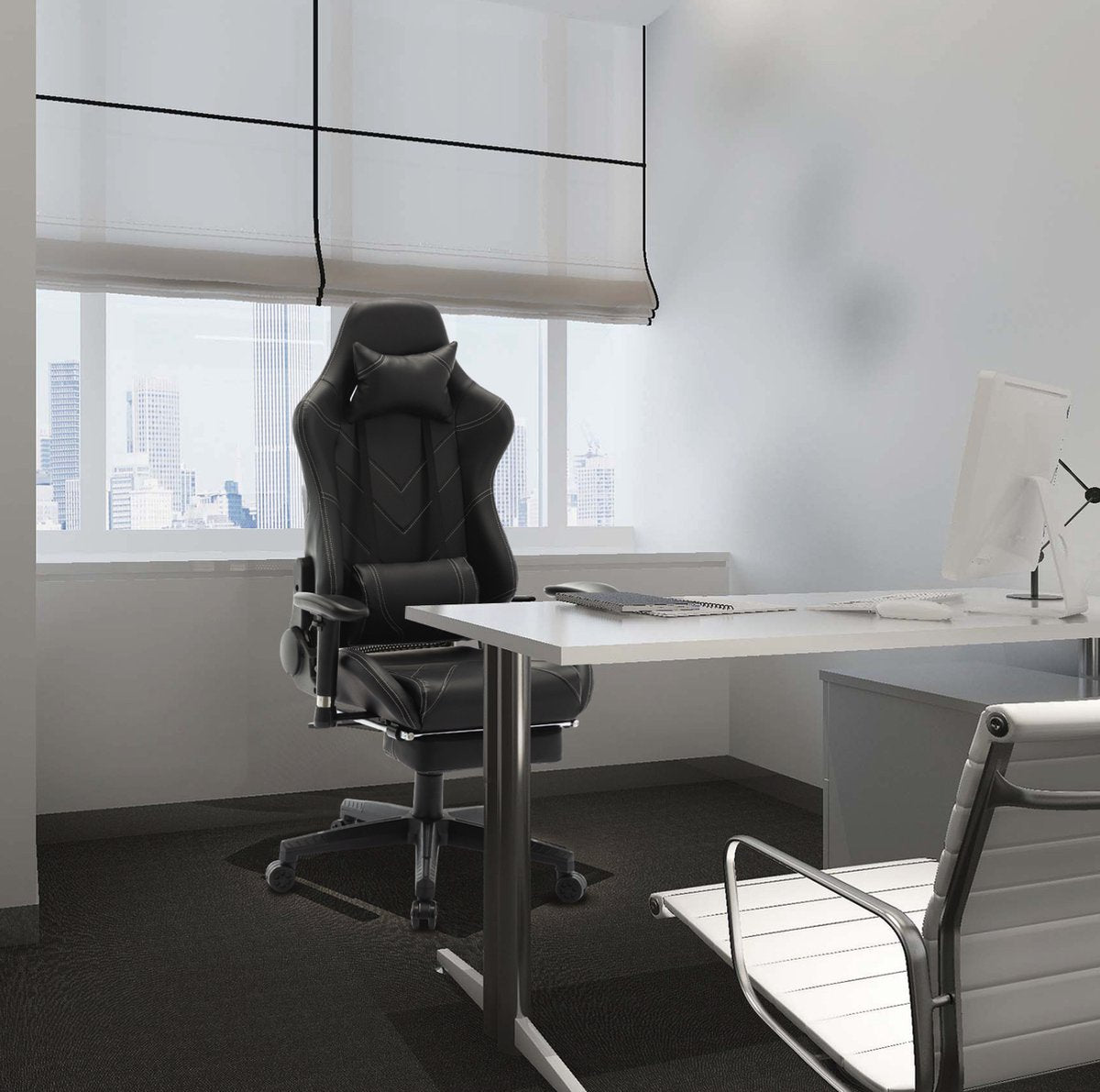 Luxe Gaming stoel - Met voetsteun - Zwart - Gamestoel - Chair - Ergonomische bureaustoel - Verstelbaar - Chair - Kunstleer