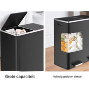 Pedaalemmer 2 vakken - 60L - Prullenbak - Afvalscheiding - RVS - Softclose - Anti-slip - Grijs
