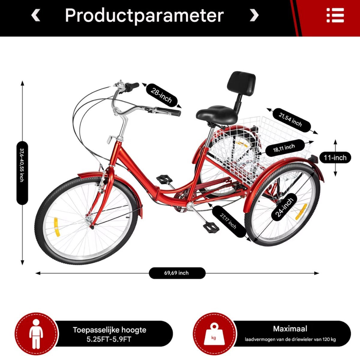 Driewieler Berlin Tavien - 7 versnellingen - Fiets voor volwassenen en senioren - 24 Inch - Opvouwbare - Verstelbaar - Met mand - Voorrem - Rood - 120KG
