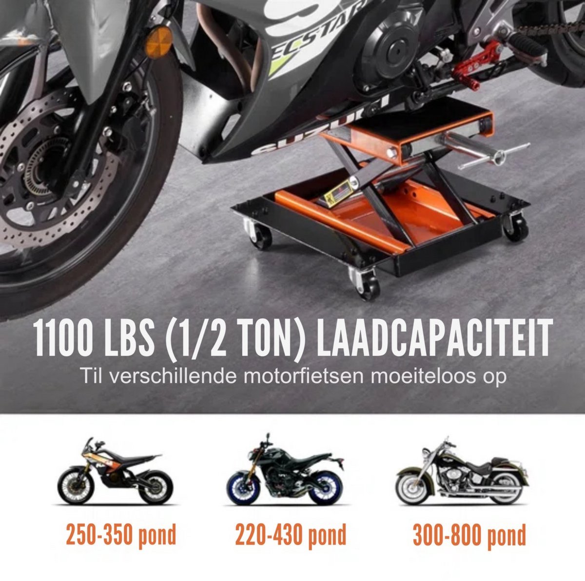 Motorkrik deluxe - Motorlift op wieltjes - Motorfiets - Montagestandaard - Belastbare heftafel - 120-390 mm werkhoogte