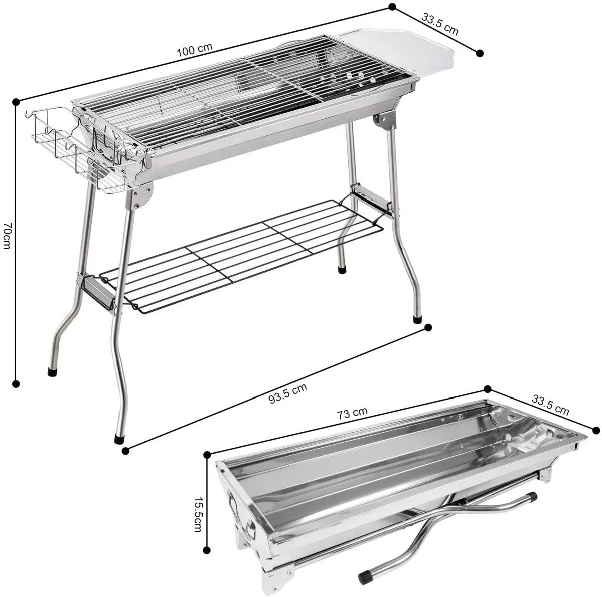 Draagbare opvouwbare houtskoolgrill - Kampeergrill - Barbecue - Voor picknick, festival, camping en feest - Roestvrijstalen rechtopstaande grill met anti-aanbakpan