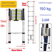 Telescopische Loft Ladder Deluxe - 260CM - Opvouwbare Trapladder - Uitschuifbare Aluminium Ladder - Draagbaar - EN131 - Max. Belasting 150kg/330lb