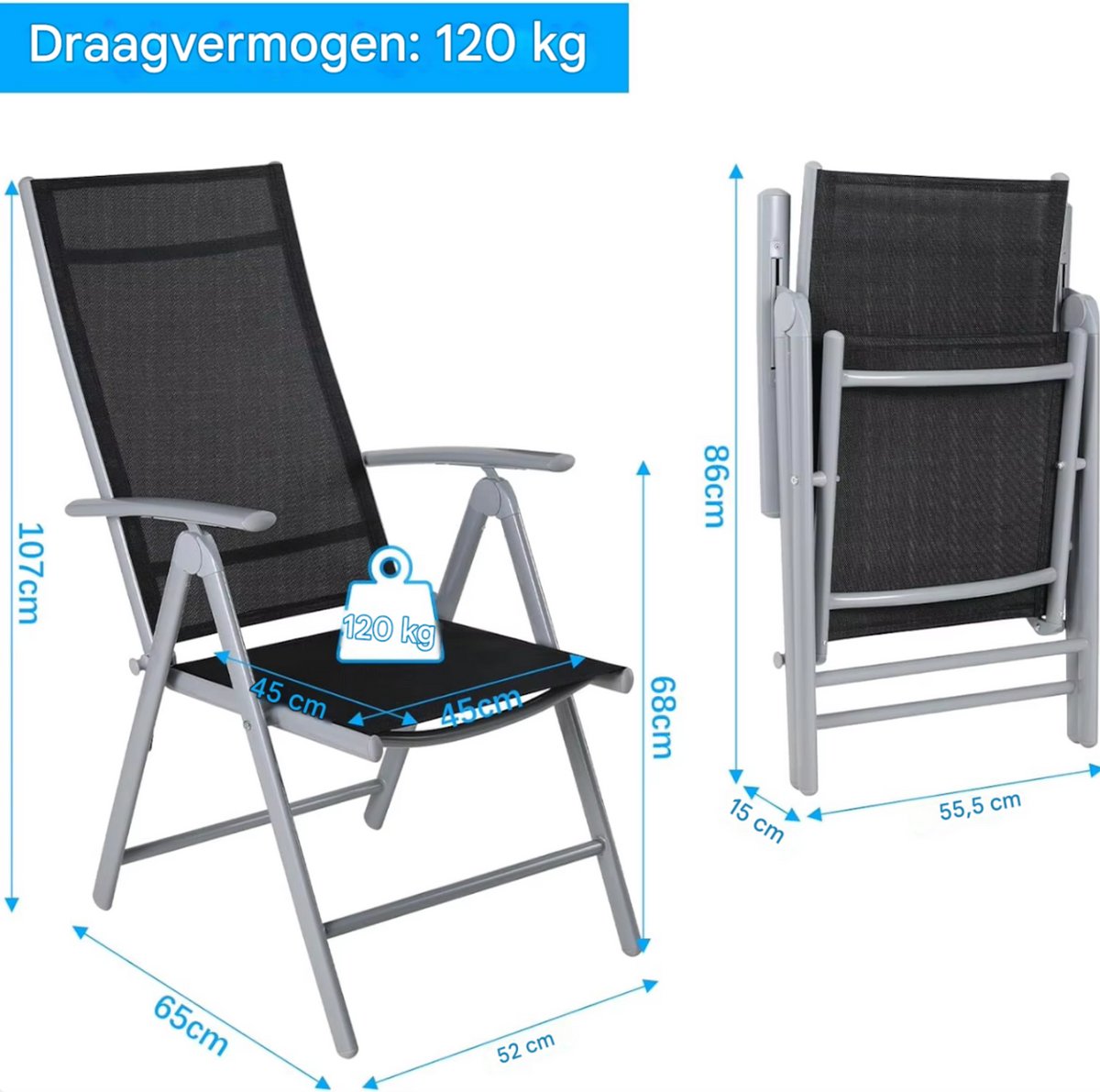 Tuinstoelen set van 2 - Verstelbare tuinstoel - Inklapbaar - Rugleuning - Thuis of camping - Aluminium - Belastbaar tot 120 kg - Zwart