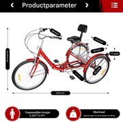 Driewieler Berlin - 7 versnellingen - Fiets voor volwassenen en senioren - 24 Inch - Opvouwbare - Verstelbaar - Met mand - Voorrem - Rood - 120KG