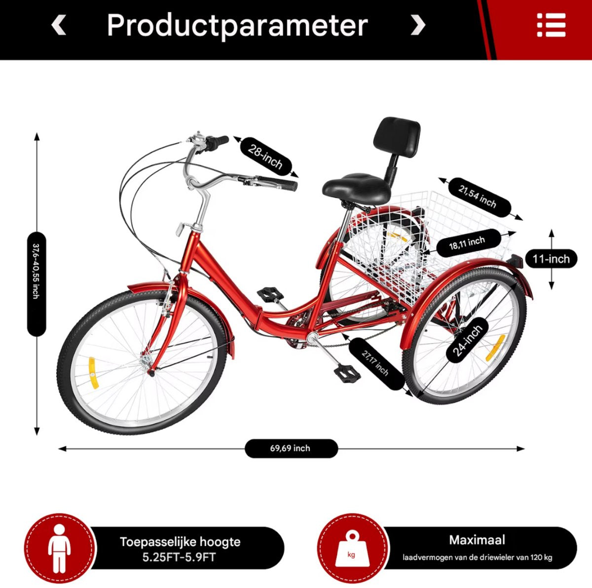 Driewieler Berlin - 7 versnellingen - Fiets voor volwassenen en senioren - 24 Inch - Opvouwbare - Verstelbaar - Met mand - Voorrem - Rood - 120KG