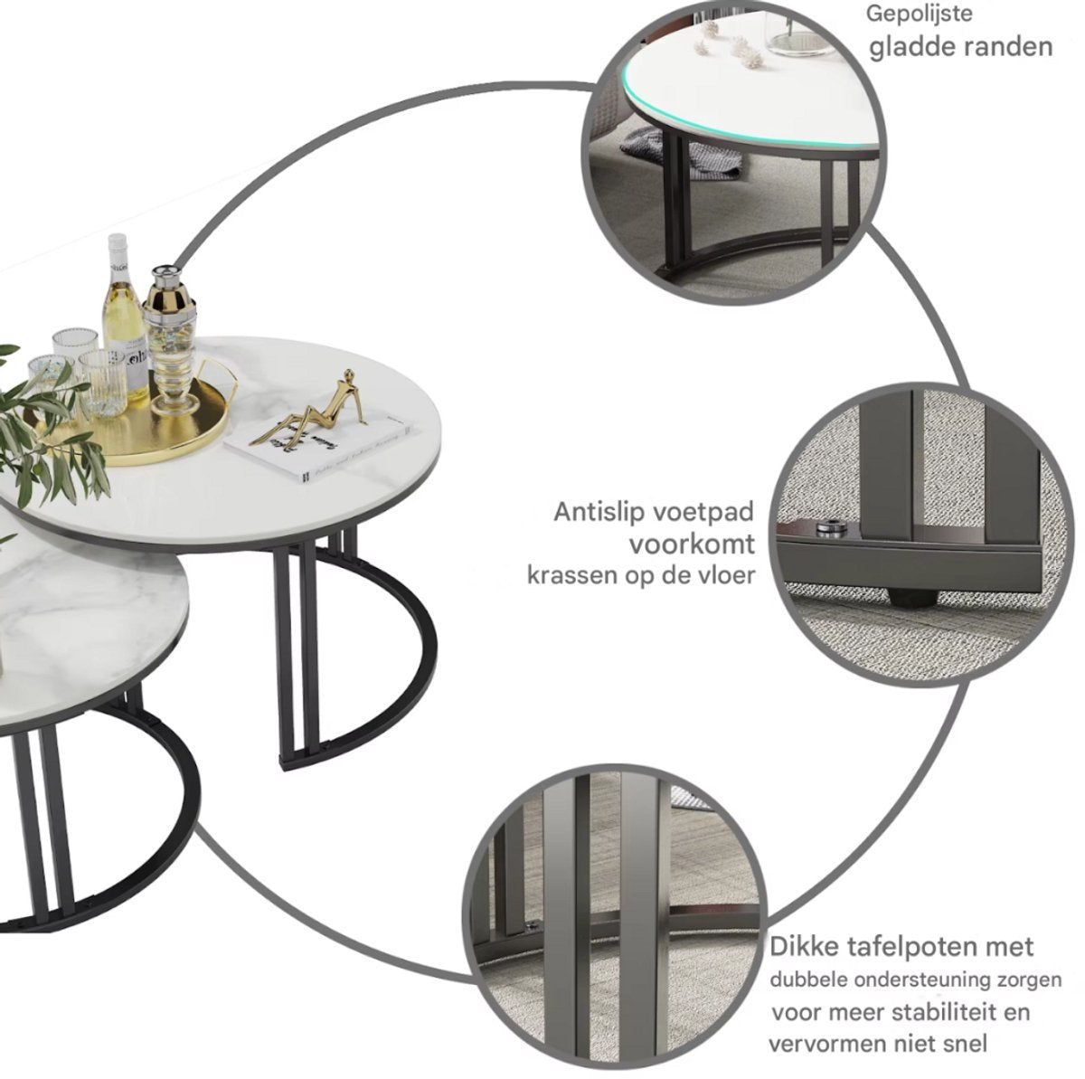 Salontafel Derloni Opulence - Glossy white - 2-Delig - Vierkant - Woonkamer - Bijzettafels