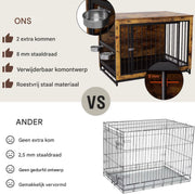 Houten Hondenbenche - Hondenren - Hondenkrat Bijzettafel met Afneembare Kommen en Dienblad - Dubbele Deuren Hondenkennel voor Middelgrote Honden Binnen - 100 x 68 x 64 cm - Bruin
