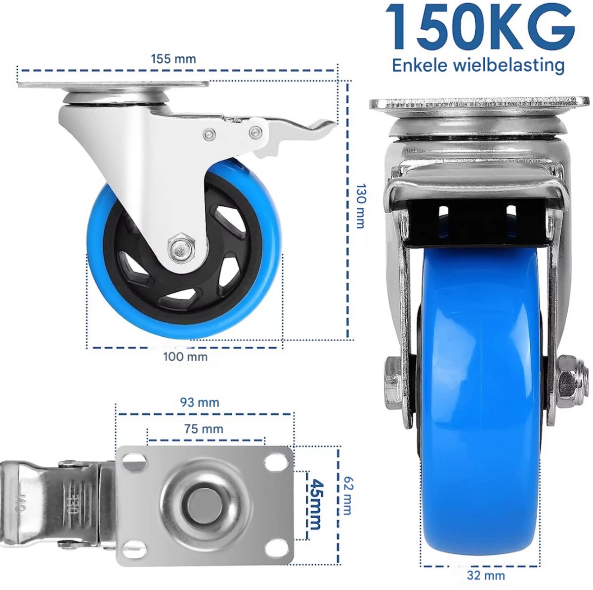 Zwenkwielen met rem - Transportrollen - Set van 4 - 100mm - Zware wielen - 150KG Draagvermogen