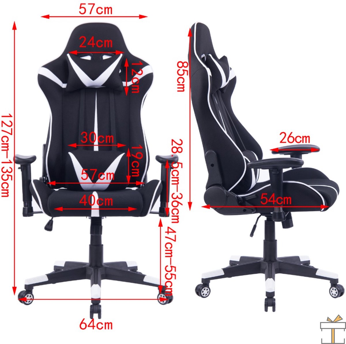 Happyment Luxe Gamestoel - Zwart met wit - Gaming stoel verstelbaar in hoogte - Chair - Ergonomische bureaustoel