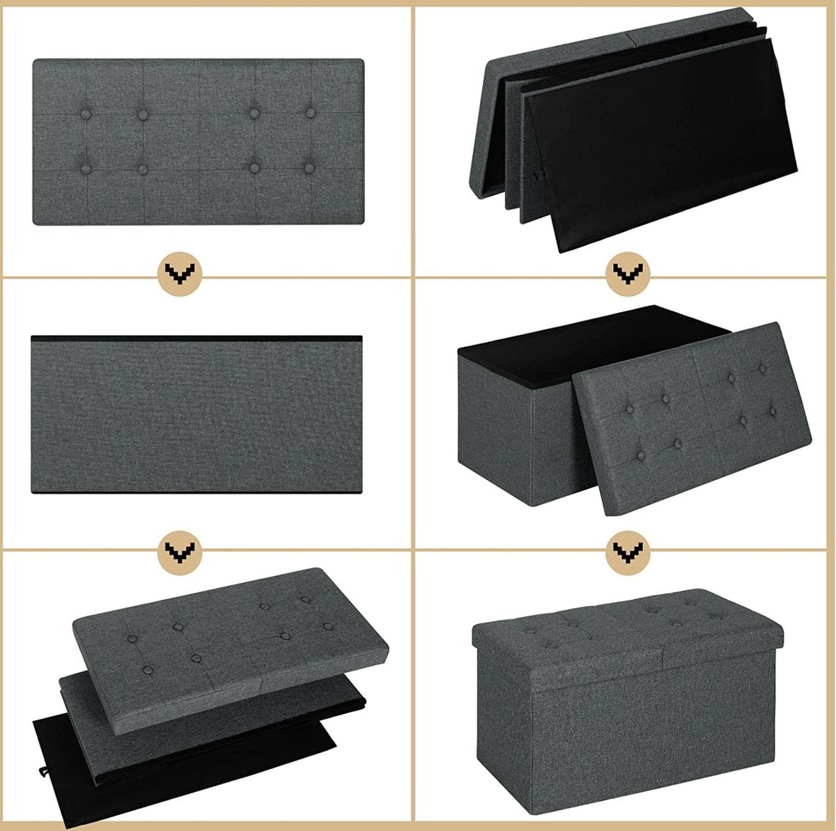 Moderne Opbergbank Gilo - Met opbergruimte - Zitbank Poef - Voetenbank - Opbergbox hocker - Zitkist met deskel - Donkergrijs - Stof - 76x38x38 cm