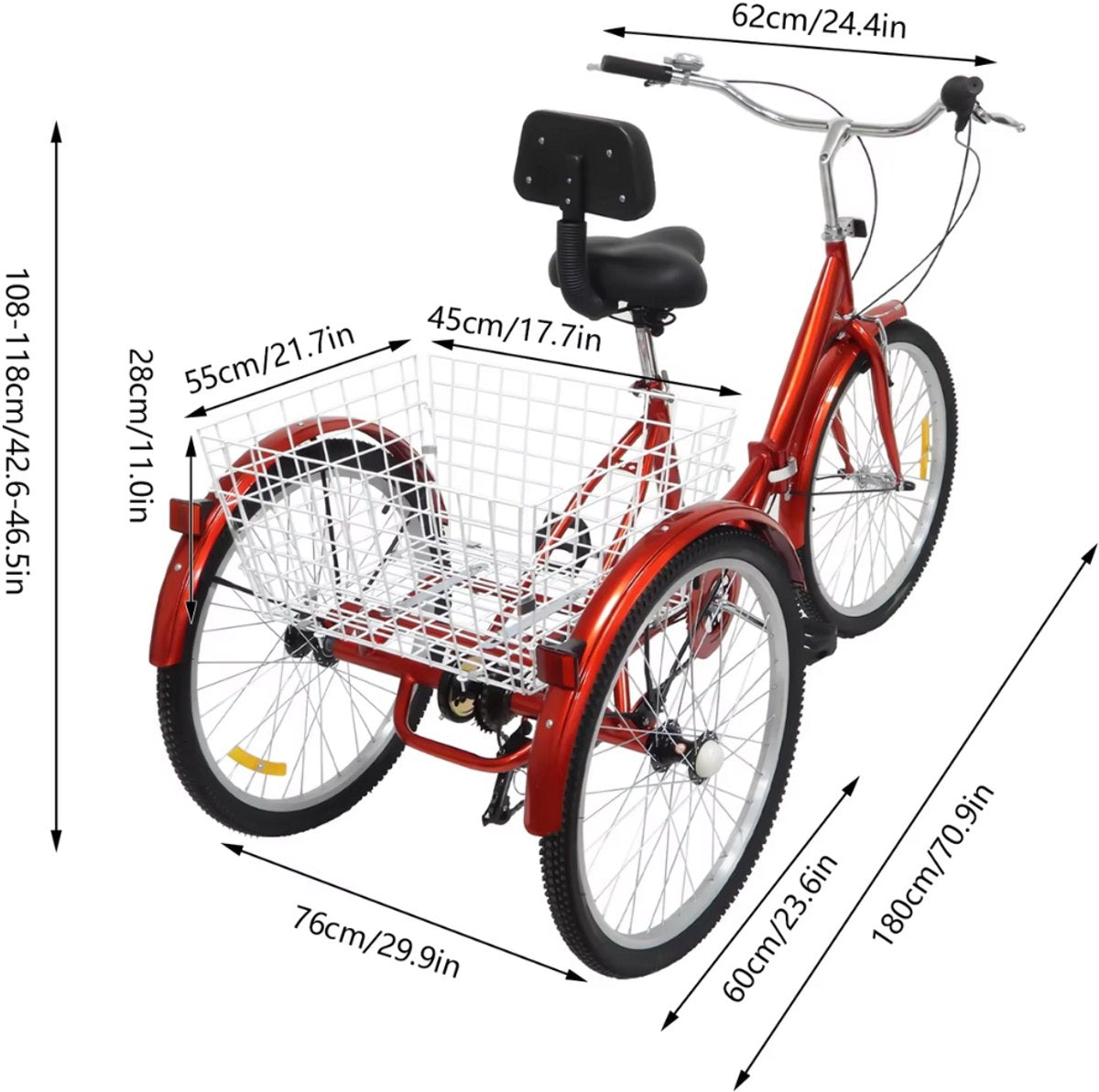 Driewieler Luco - 7 versnellingen - Fiets voor volwassenen en senioren - 24 Inch - Opvouwbare - Verstelbaar - Met mand - Voorrem - Geel