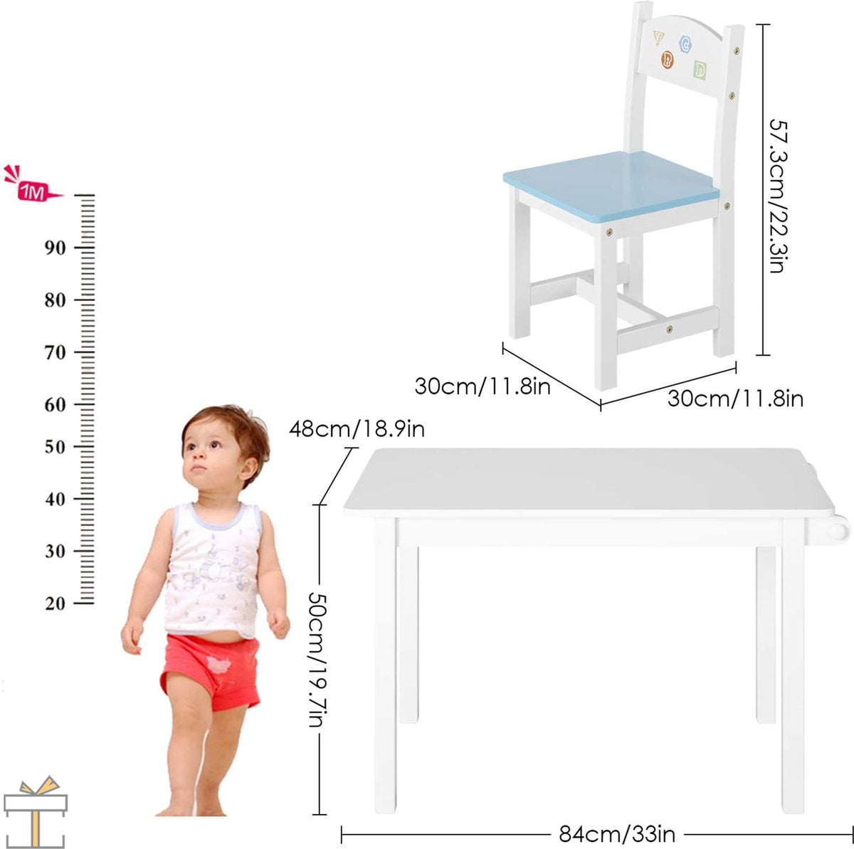 Happyment Kindertafel en 2 Stoeltjes - Kindermeubel - Speeltafel - Kinderbureau - Wit, blauw, oranje