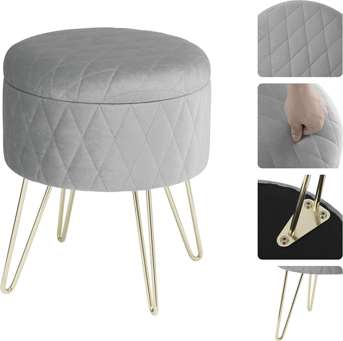 Happyment Poef deluxe - Voetenbank met opbergruimte - Lichtgrijs - Opbergbox hocker - Velvet - Zitkist met deskel - Lichtgrijs - 31.5x31.5x36cm