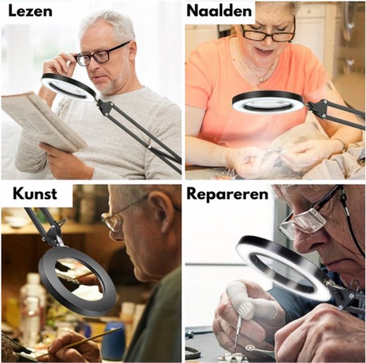 Happyment Loeplamp met Led verlichting - 5X Vergroot - Vergrootglas met lamp - Bureaulamp - 10 dioptrie - Zwart
