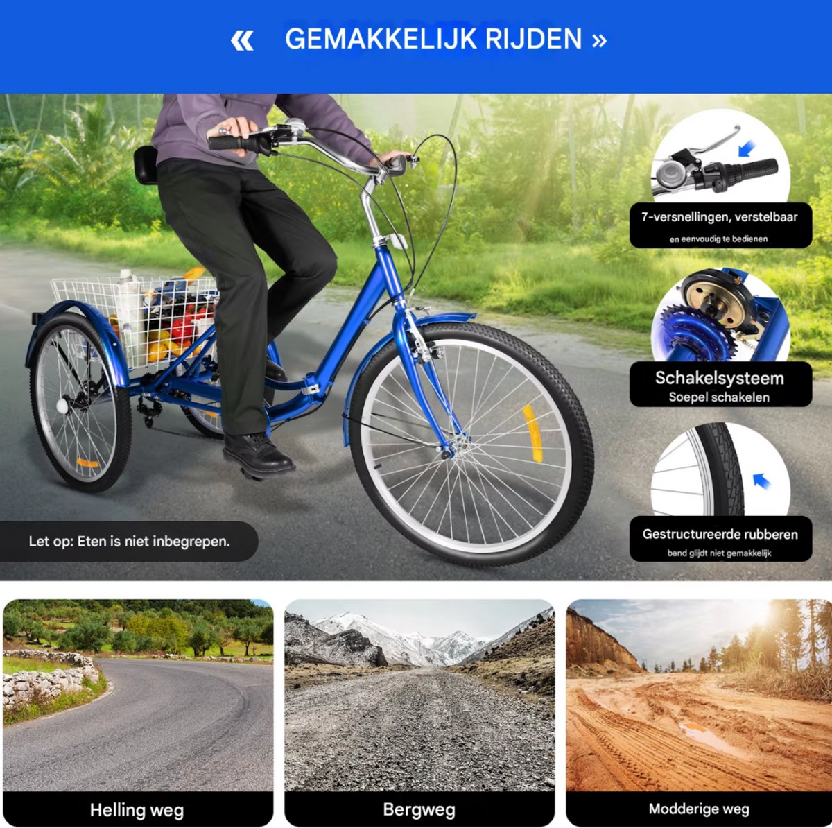 Driewieler Rustic - 7 versnellingen - Fiets voor volwassenen en senioren - 24 Inch - Opvouwbare - Verstelbaar - Met mand - Voorrem - Blauw - 120KG