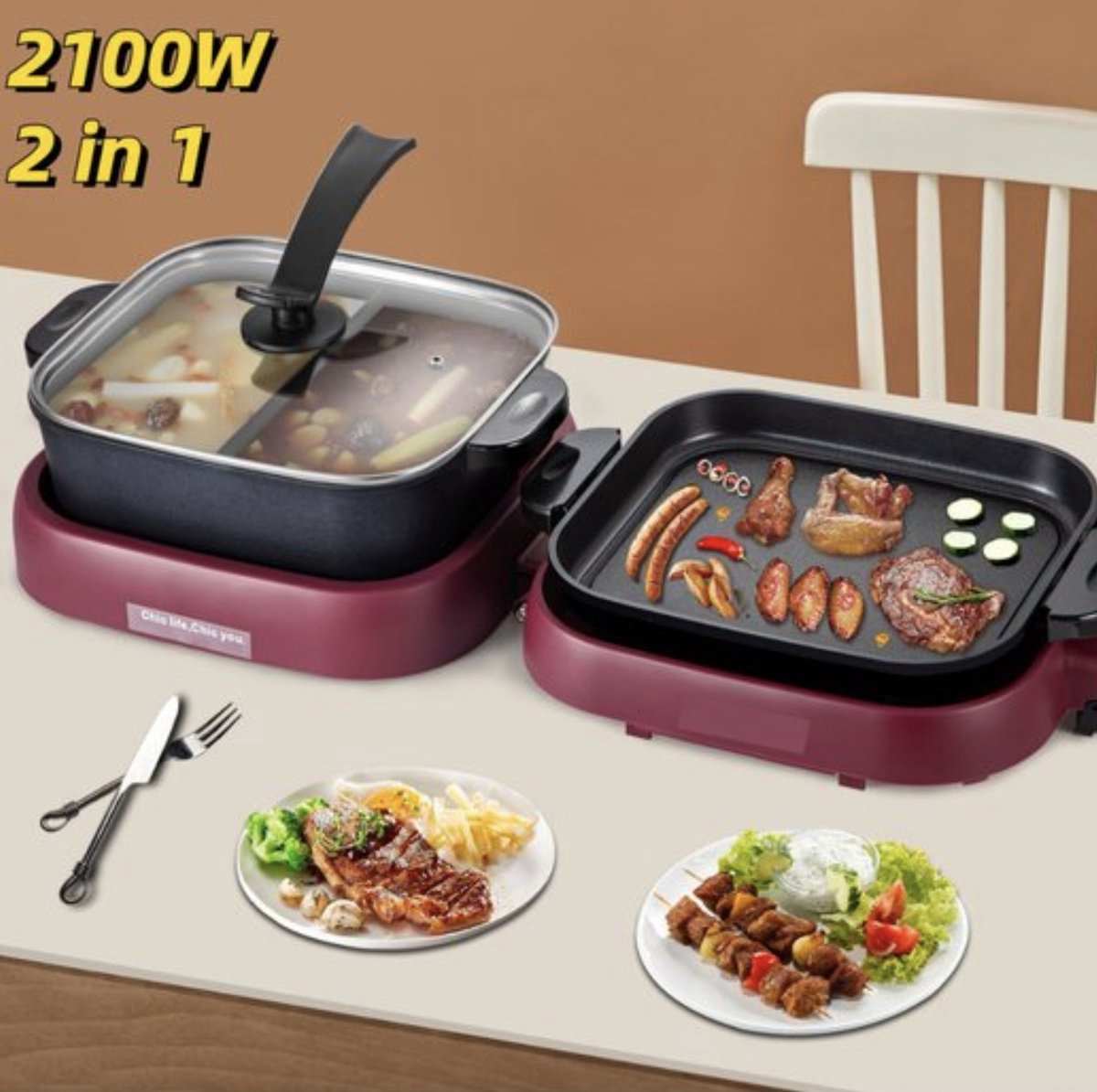 Happyment Hotpot Electrisch - Chinese Fondue - Hotpot Pan - Kookpot - 2 Vaks - Inclusief Grill