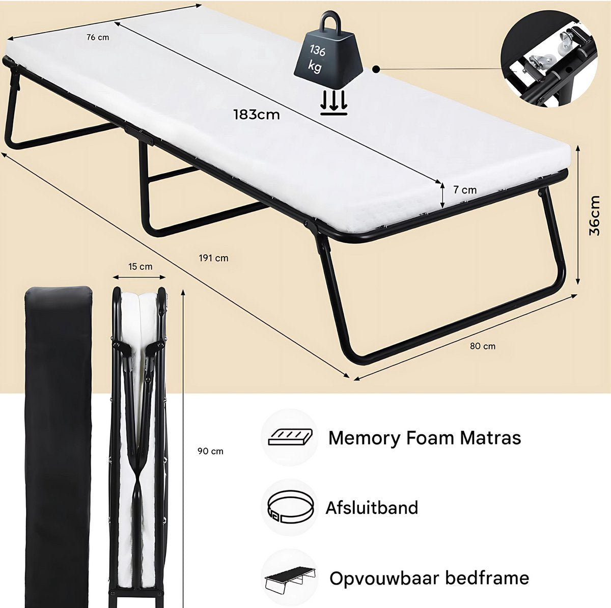 Opklapbed Zyrell op wieltjes - Met matras - 80x190cm - Logeerbed - Vouwbed 1 persoons - Inklarbaar - voor Volwassenen