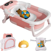 Babybadje Tavien - Roze - Temperatuurweergave - Baby bad met standaard - Zitbad - Kinderbad - Opvouwbaar