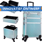 3-in-1 Rollende Make-up Trolley - Make up koffer - Kappers koffer - Beautycase - Voor Schoonheidssalons en visagie - Blauw