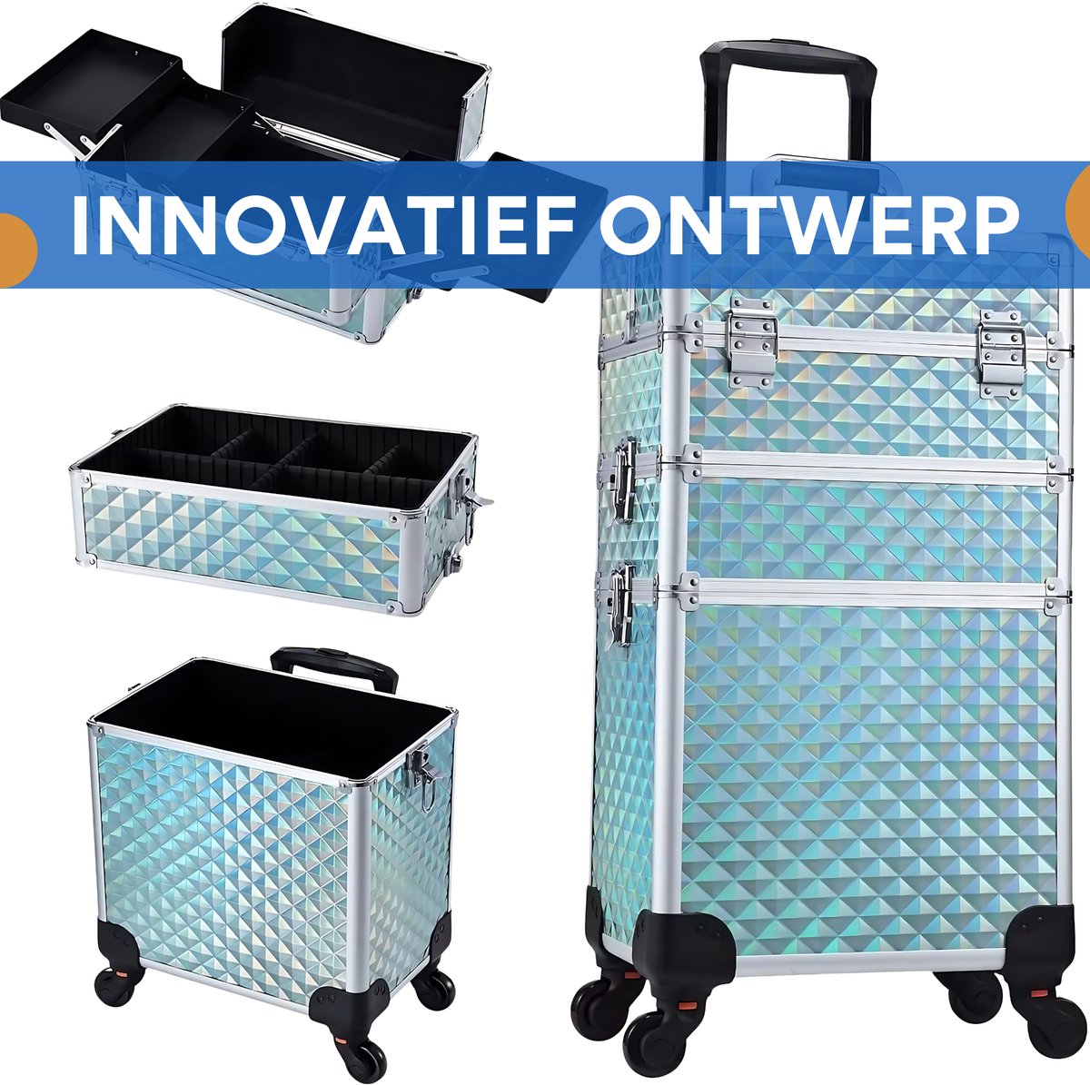 3-in-1 Rollende Make-up Trolley - Make up koffer - Kappers koffer - Beautycase - Voor Schoonheidssalons en visagie - Blauw