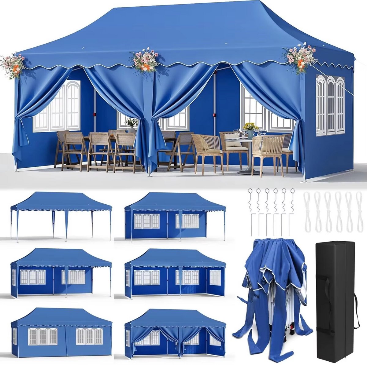 Paviljoen- Partytent - Tuin tent - Overkapping - Gazebo - Opvouwbare Partytent met Zijwanden - UV50+ Bescherming - Waterdicht & Stevig - Voor Tuinfeest & Buitengebruik - Blauw - 3x6m