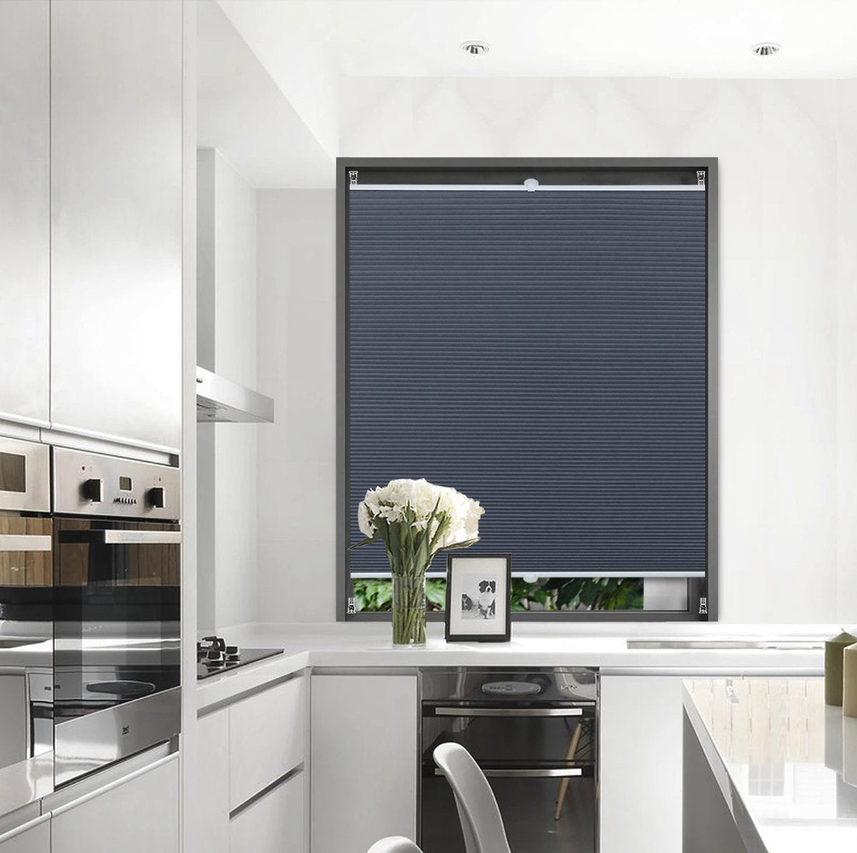 Luxe Honinggraat gordijn - Rolgordijn Blauw - 95x130cm - Lichtdoorlatend - Isolerend - Zonder boren - Polyester