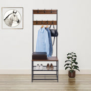 Happyment Kapstok Deri staand - Met schoenenrek - Industrieel - XL Garderoberek - Kapstokhaak - Hout & metaal - 7 haken - 3 planken