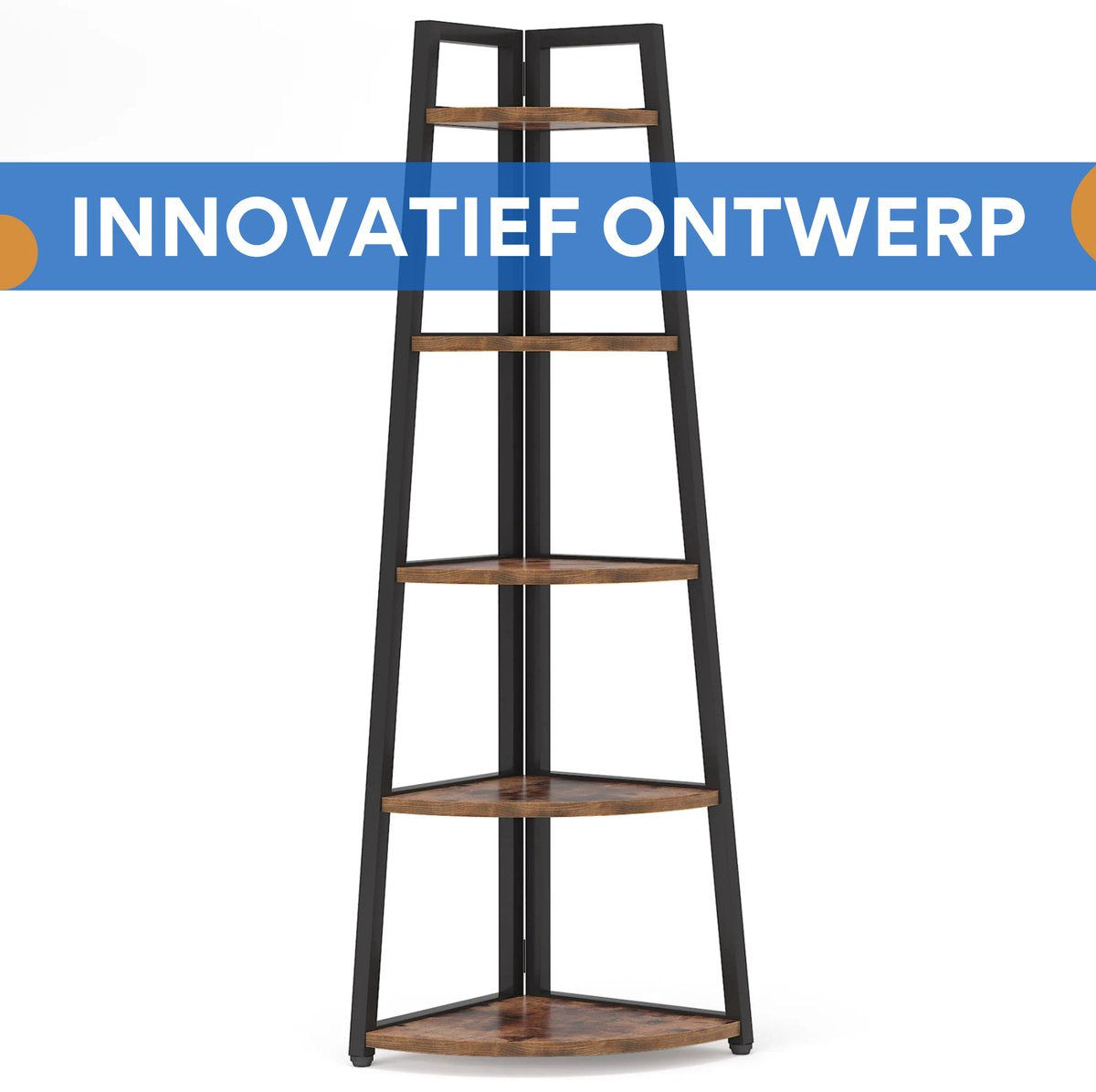 Hoekkast Larevo - Vakkenkast 180cm - Boekenrek Hoekmeubel - Opbergrek 5 Lagen - Zwart en Bruin