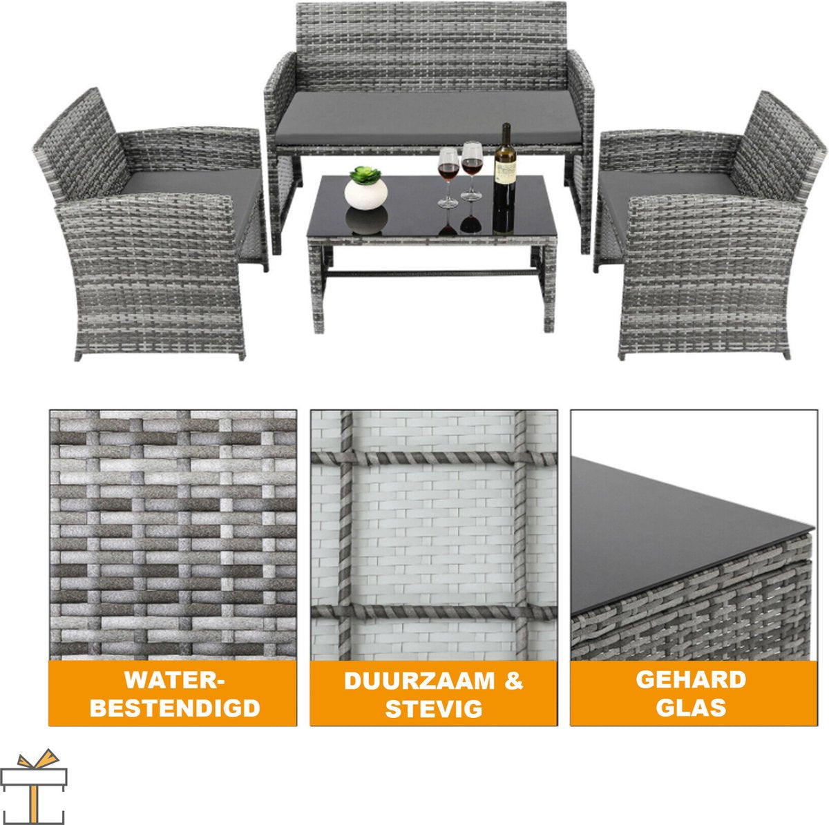 Happyment® Tuinset 4 persoons - Tuintafel met stoelen - Wasbare kussens - Tuinsets - Loungeset tuinmeubels - Black friday