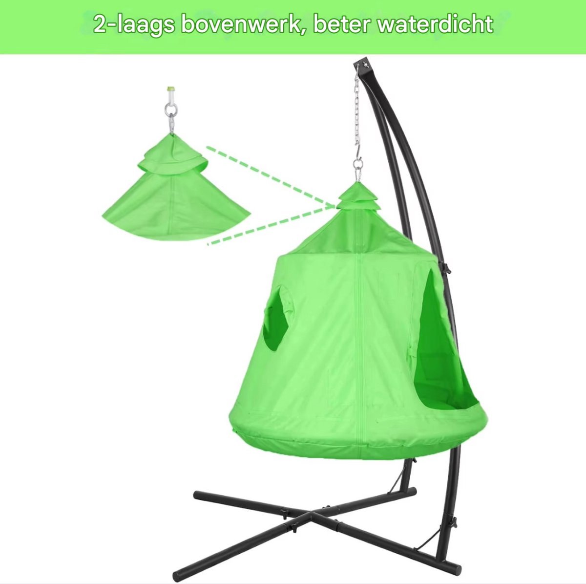 Egg hangstoel Valora - Voor kinderen - Hangmat X-standaard - met Boomentent - Speeltent Binnen en Buiten - Egg chair cocoon - Metalen Schommelstoel - Groen
